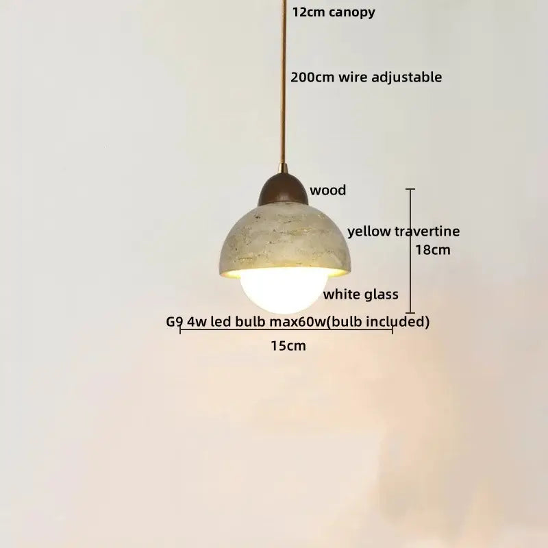 A rustic decorbites led pendant light with a yellow travertine shade and adjustable wire for dining room use