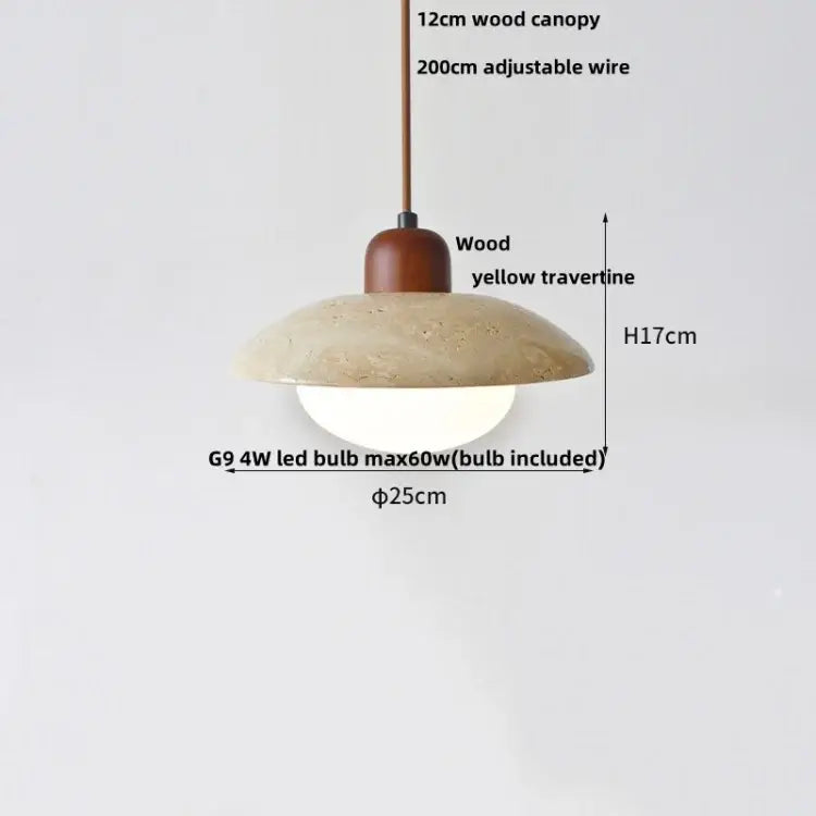 Minimalist decorbites led pendant light with 12cm warm brown wood canopy and yellow travertine shade for dining room use