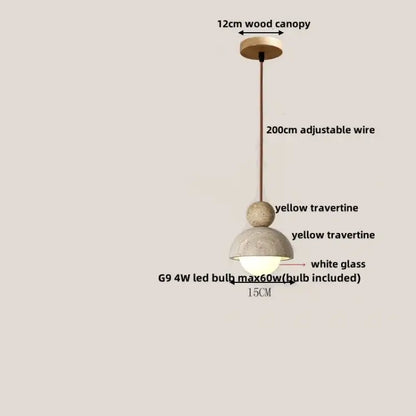 A decorbites led pendant light with 12cm wood canopy, adjustable wire, yellow travertine spheres, and white glass shade