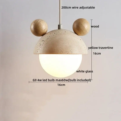 DecorBites led pendant lights featuring a yellow travertine dome with wood accents and a white glass globe for dining areas