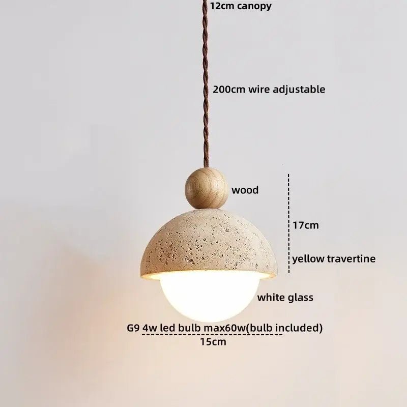 Decorbites led pendant light with wooden canopy yellow travertine dome shade white glass diffuser and g9 led bulb