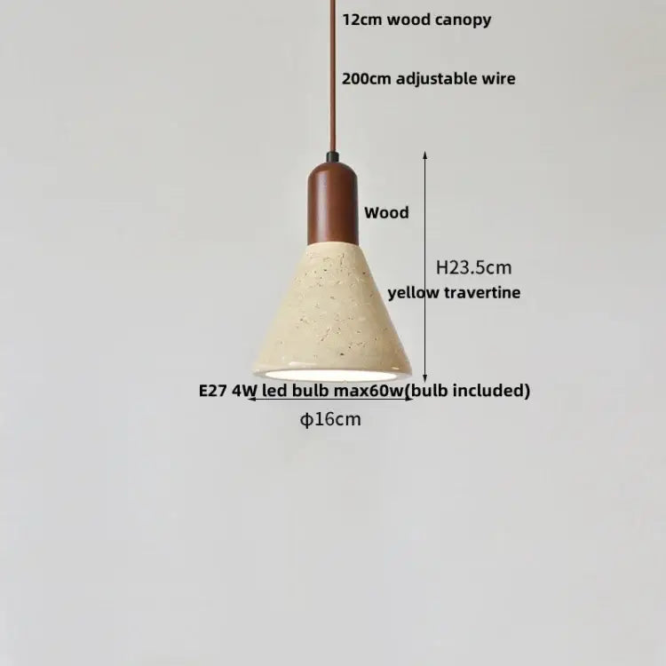 A decorbites led pendant light featuring a yellow travertine stone conical shade, wood canopy, and adjustable suspension