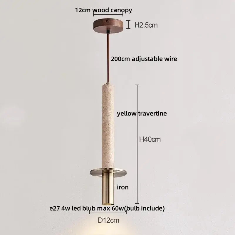 DecorBites led pendant light with 12cm wood canopy, yellow travertine stone shaft, and iron base pendant lights bar
