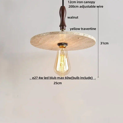 Rustic decorbites led pendant with a walnut iron canopy and yellow travertine disc holding an edison bulb