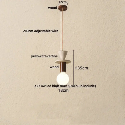 Modern decorbites led pendant with yellow travertine stone and wood accents featuring adjustable 200cm wire mount