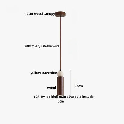 DecorBites led pendant with yellow travertine stone body, dark wood canopy, and adjustable wire for pendant lights bar decor