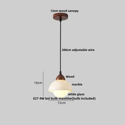 DecorBites led pendant light Bulgari stone with warm wood canopy, adjustable black wire, and white marble glass shade