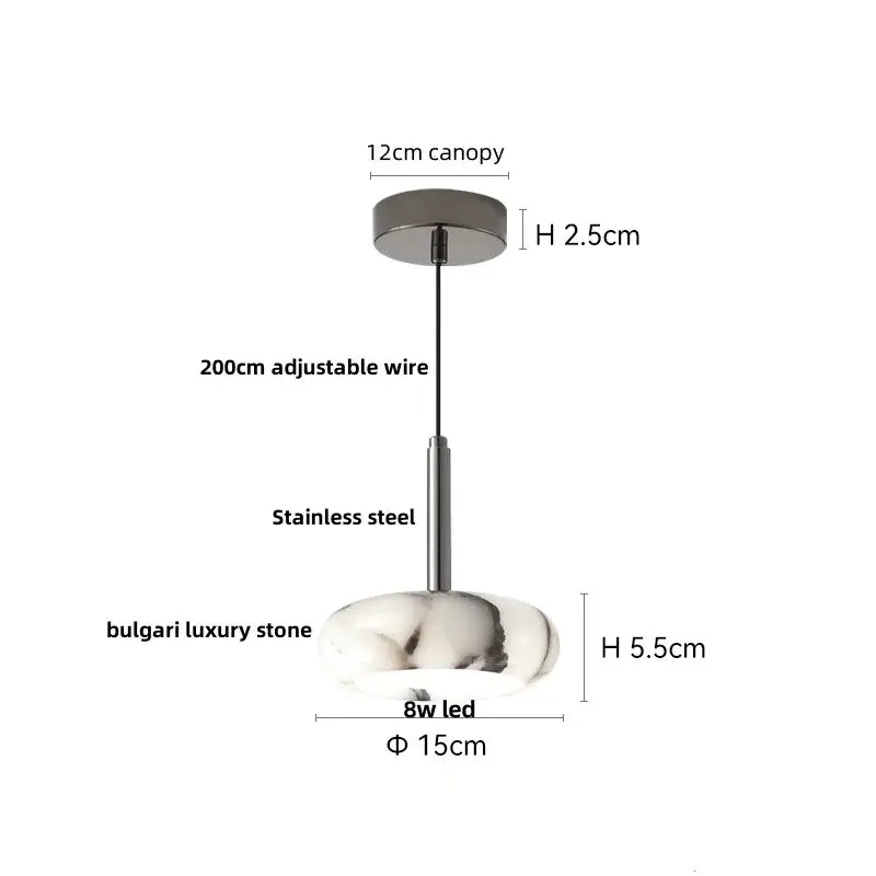 Modern minimalist DecorBites led pendant light with stainless steel canopy and Bulgari stone oval shade