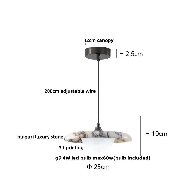 Decorbites led pendant lights with adjustable 200cm wire and bulgari stone circular marble shade in black and white