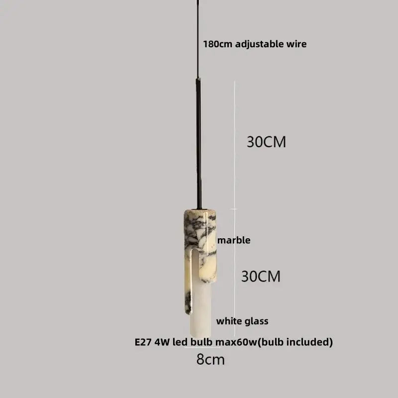 Decorbites led pendant featuring a marble top with black and beige veins and a white glass cylinder shade