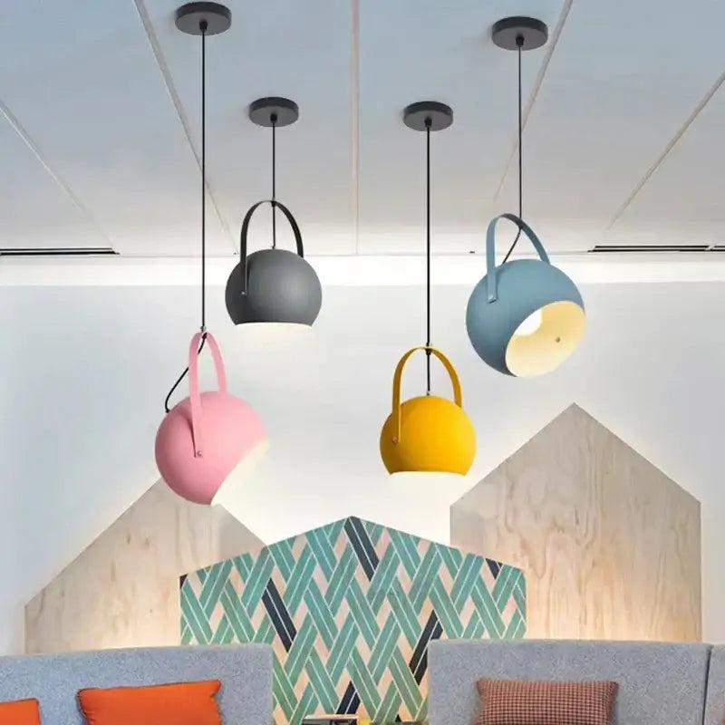 Four colorful spherical decorbites led pendant lights with handle tops for dining and home decor lighting