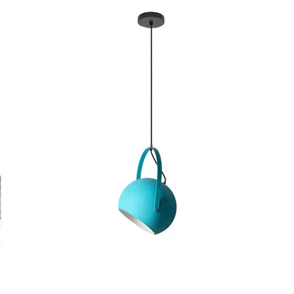 Teal spherical decorbites led pendant light with matching handle and black cord for dining and restaurant use