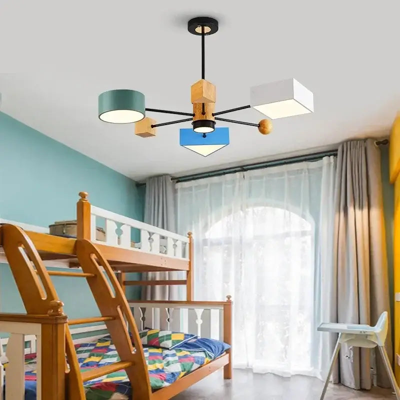 Modern geometric DecorBites LED pendant lights with black metal arms wooden accents and colorful teal white blue shades