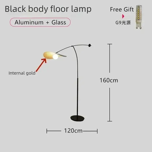 Black body floor lamp with sleek aluminum glass design and gold accent, perfect for DecorBites led pendant lights