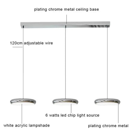 DecorBites™ led pendant lights chrome metal with three white acrylic shades and 120cm adjustable wire for kitchen dining