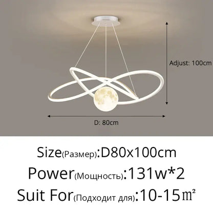 White decorbites led pendant light with modern intertwined ring design and illuminated moon-shaped pendant for indoor use
