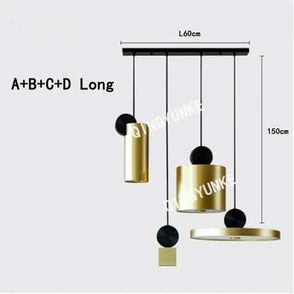 Modern gold and black decorbites led pendant lights with geometric cylindrical spherical and square elements for living room lighting