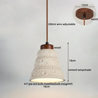 A decorbites led pendant light featuring a rustic off-white cement lampshade with wooden accents for modern decor