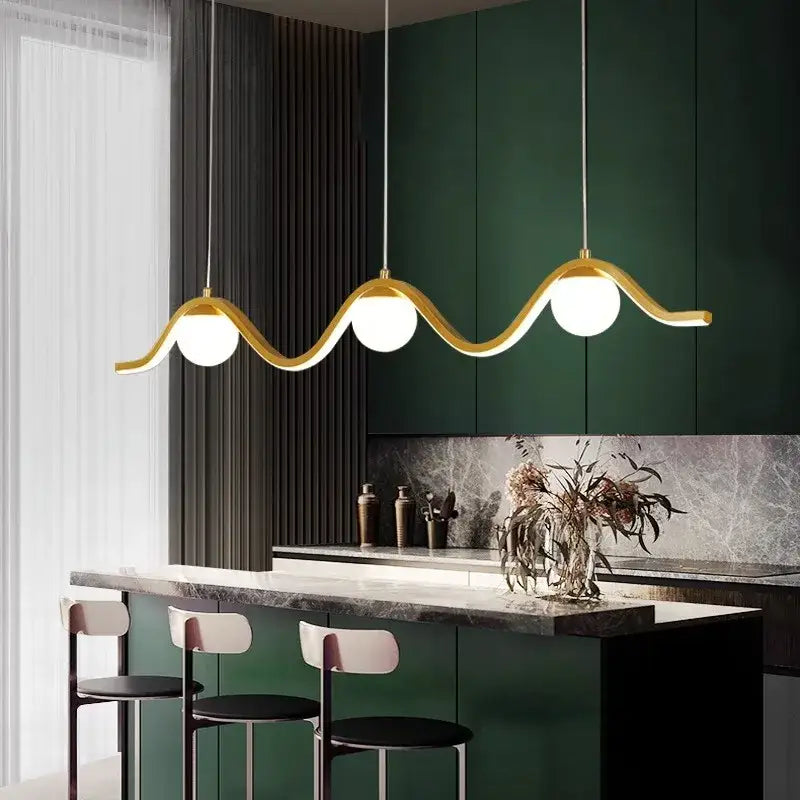 Gold-colored wavy decorbites led pendant lights with three spherical bulbs for modern home indoor lighting