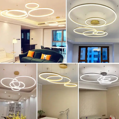 Modern circular decorbites led pendant lights with warm white concentric rings and sleek metallic finish for dining