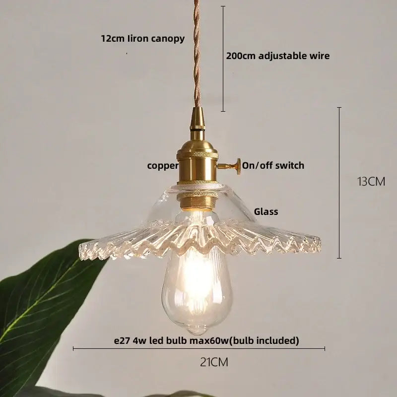 Vintage-style decorbites led pendant light with brass-finished iron canopy copper switch and clear scalloped glass shade