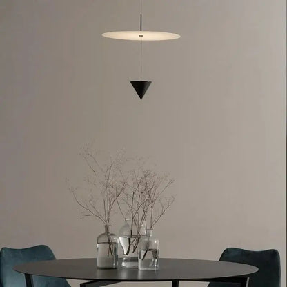 Minimalist decorbites led pendant light with frosted white circular shade and black triangular base for modern home decor
