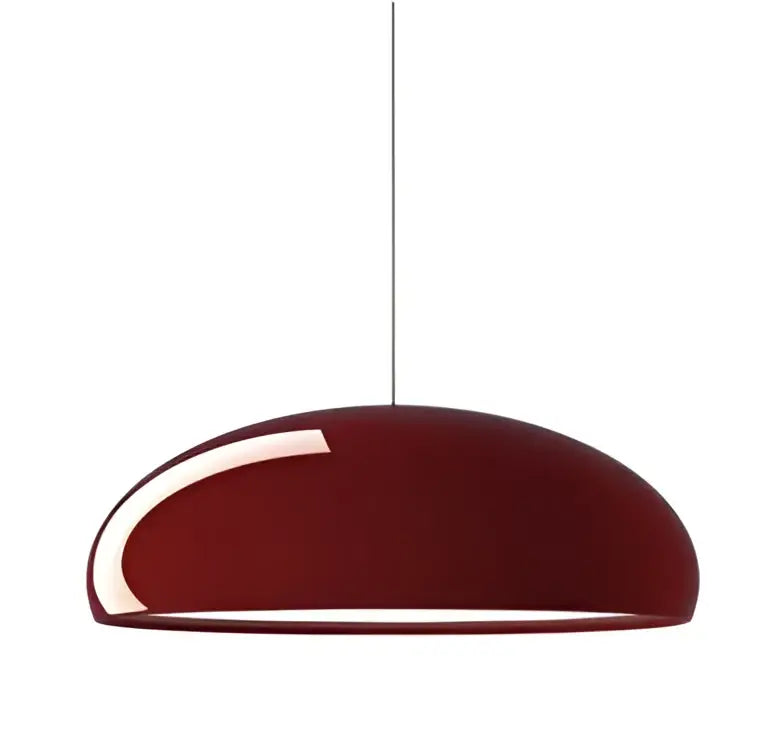 A sleek burgundy decorbites led pendant light with a glossy dome design and thin metallic cord for modern interiors
