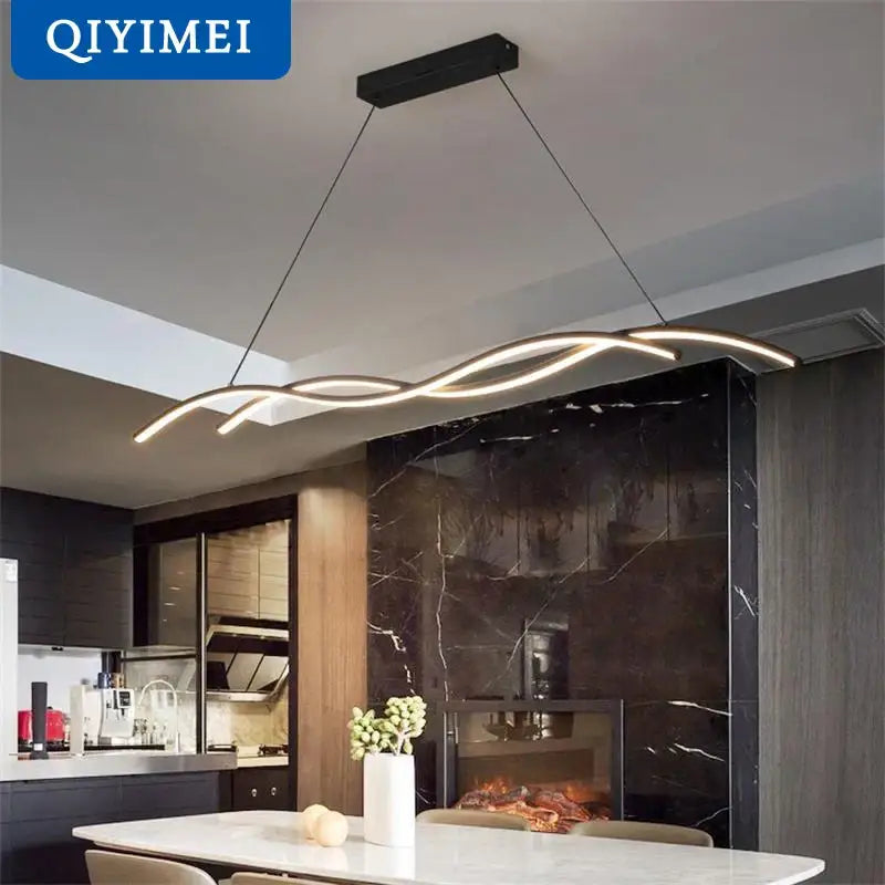 Modern black DecorBites LED pendant light with sleek wavy design and warm glowing illumination for indoor lighting