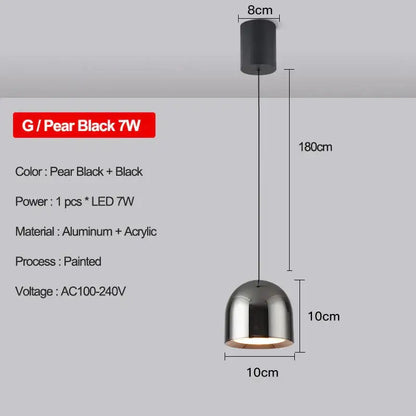 Pear black 7w decorbites led pendant light with dome-shaped acrylic shade and aluminum ceiling mount for modern interiors