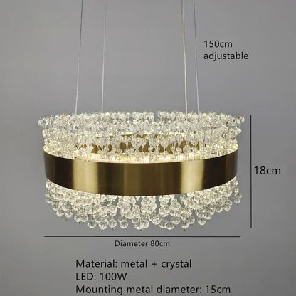 Gold-toned decorbites led pendant light with clear crystal droplets and sleek metallic band for modern interior decor