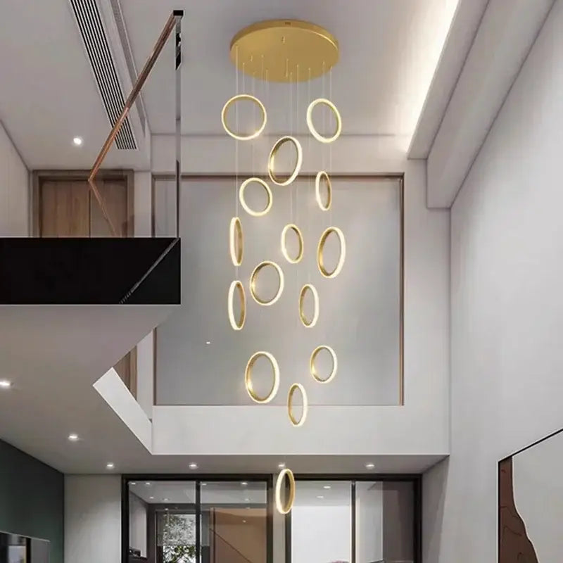 Gold-toned circular led pendant chandelier with illuminated rings by DecorBites™ for living and dining rooms
