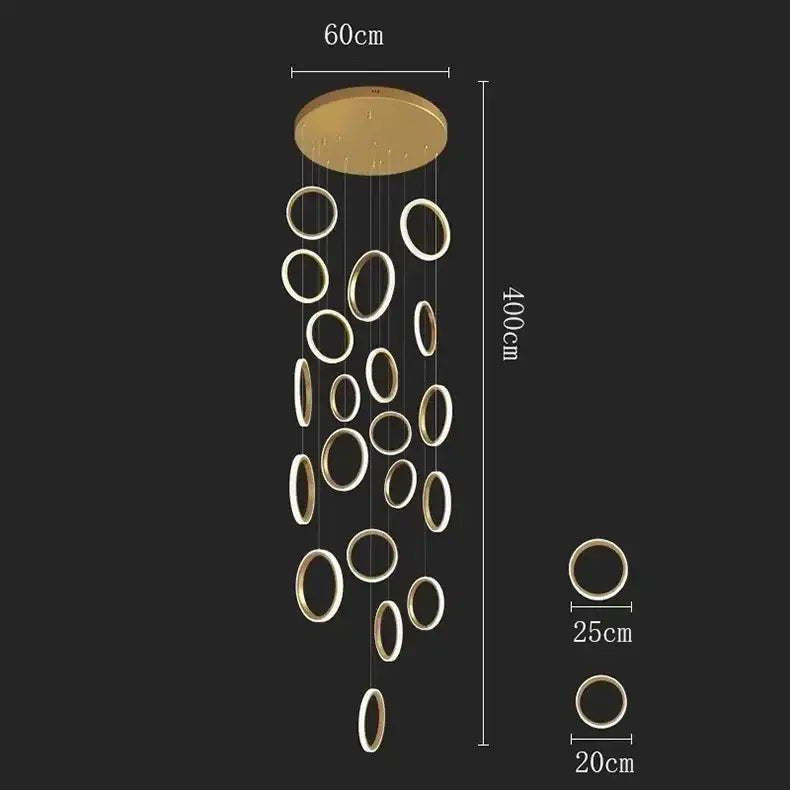 Gold-toned DecorBites LED pendant lights with cascading illuminated circular rings for modern living and dining rooms