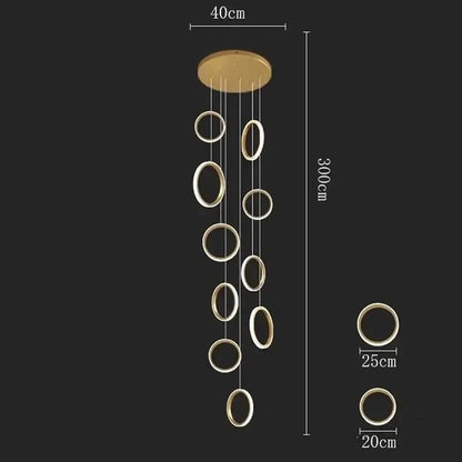 Gold-toned circular pendant led lights with varying ring sizes suspended from 40cm mount for living and dining rooms