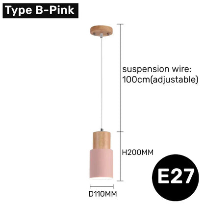 DecorBites™ pink cylindrical led pendant light with wooden accents and adjustable 100cm suspension wire for modern spaces