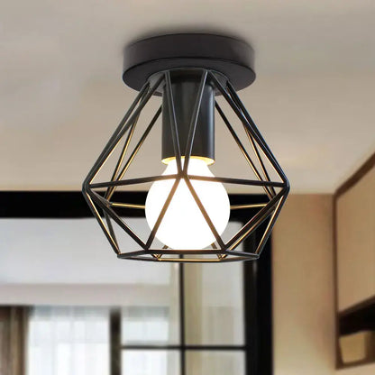Black geometric metal vintage loft led pendant light with warm glowing bulb for home living room and kitchen decor