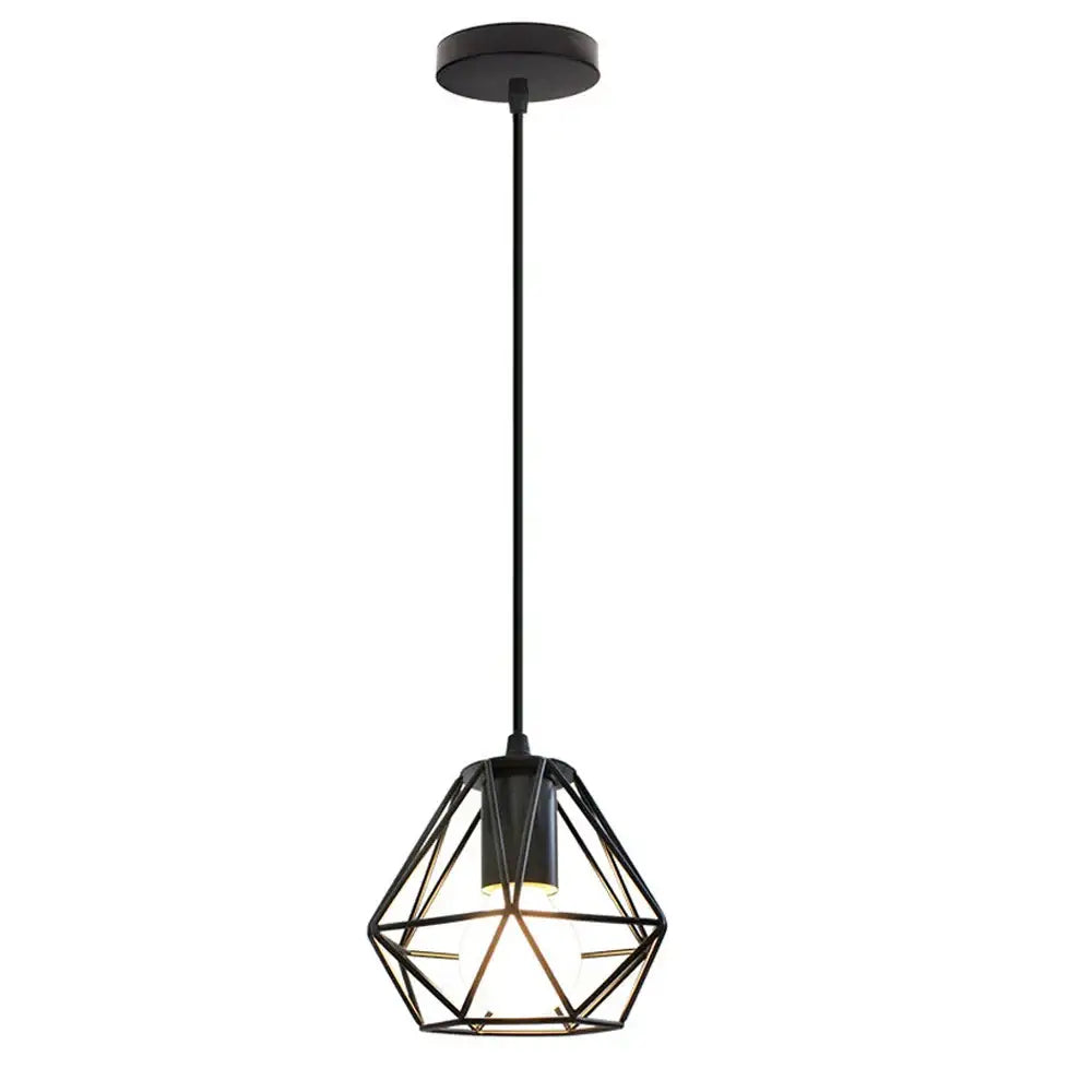 Black geometric DecorBites™ led pendant light with cage metal frame and frosted glass panels for vintage loft decor
