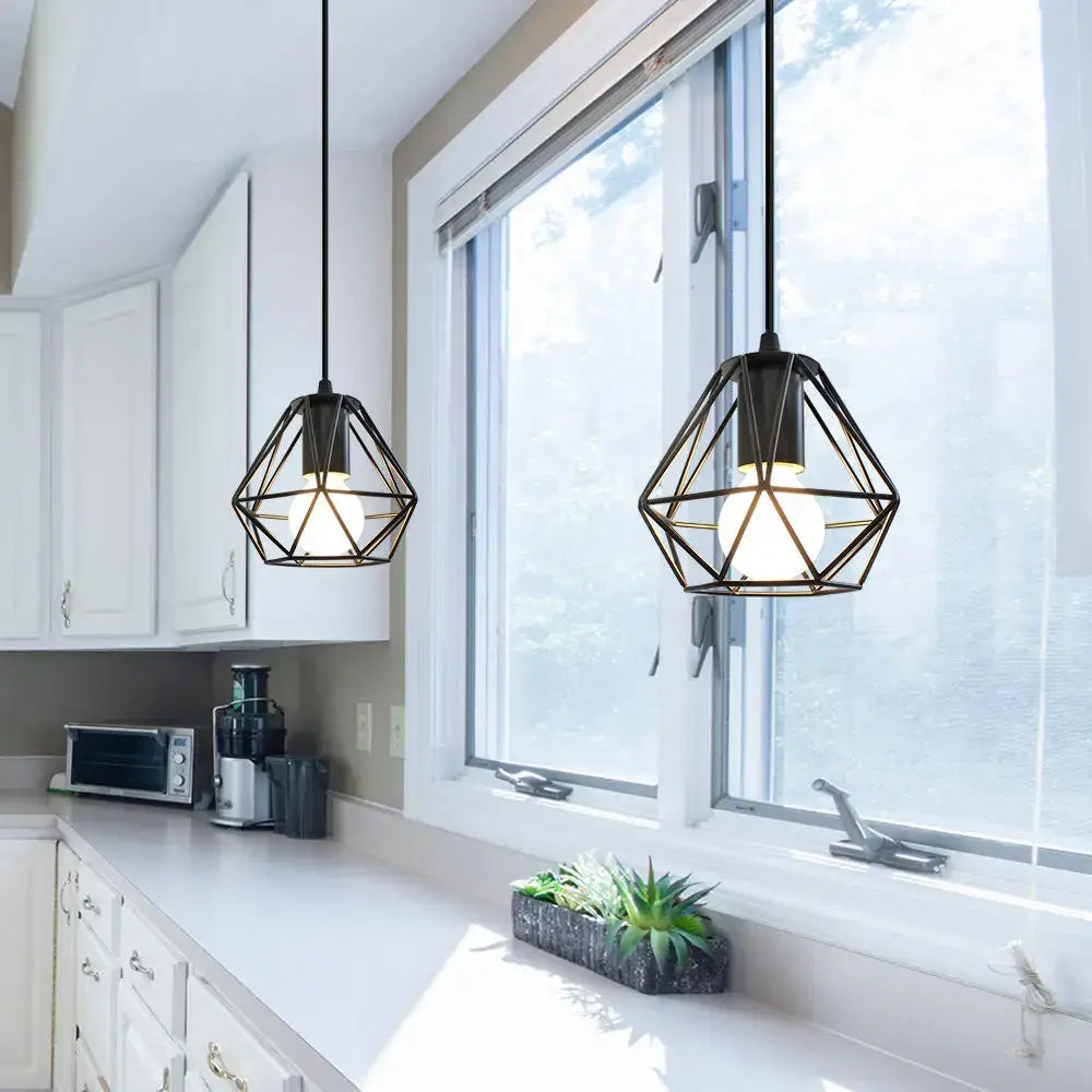 Black geometric cage led pendant lights from DecorBites™ vintage loft style hang above kitchen counter for home decor