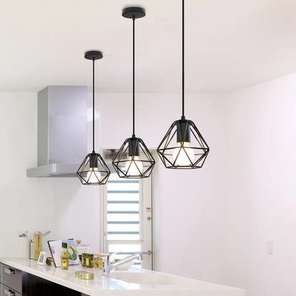 Three black geometric led pendant lights with vintage loft design for home living room kitchen decor by DecorBites