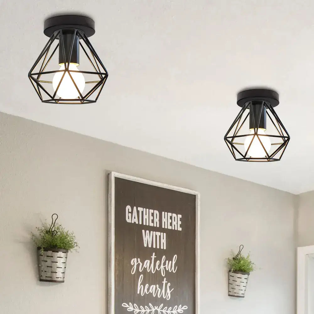 Black geometric cage-style DecorBites™ vintage loft led pendant lights with warm bulb for living room and kitchen decor