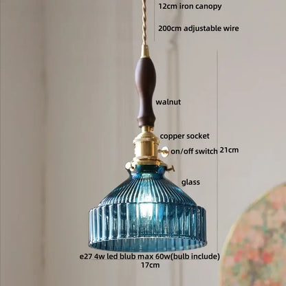Decorbites led pendant with blue ribbed glass shade, walnut iron canopy, and brass knob switch for modern decor