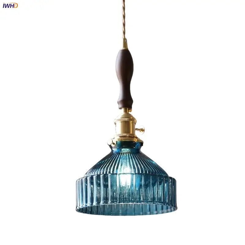 DecorBites led pendant light with blue ribbed glass shade brass fixture and dark wood handle for modern home decor