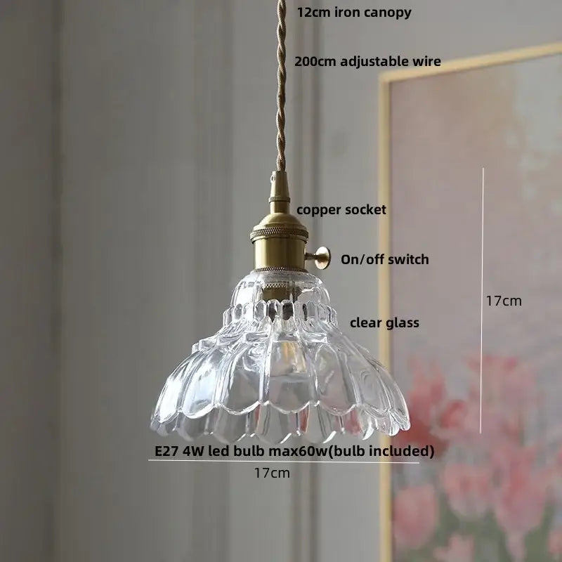Clear glass pendant light with fluted petal design and brass copper socket for decorbites led pendant lights