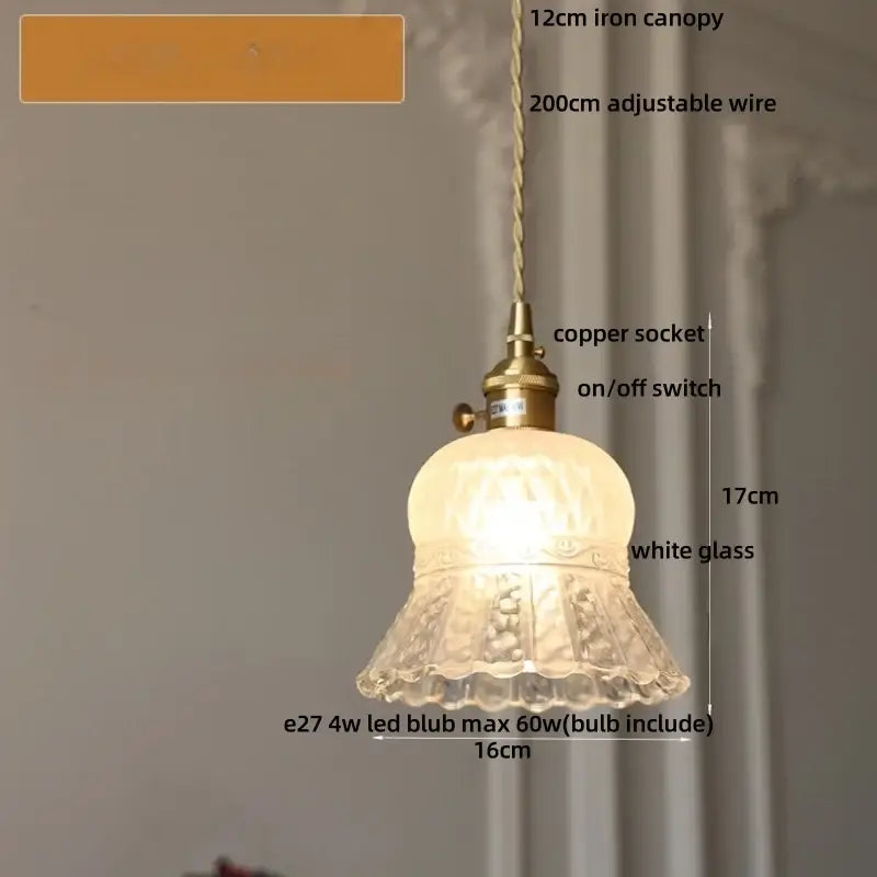 Vintage-style decorbites led pendant light with frosted white glass floral shade and brass-finished copper socket