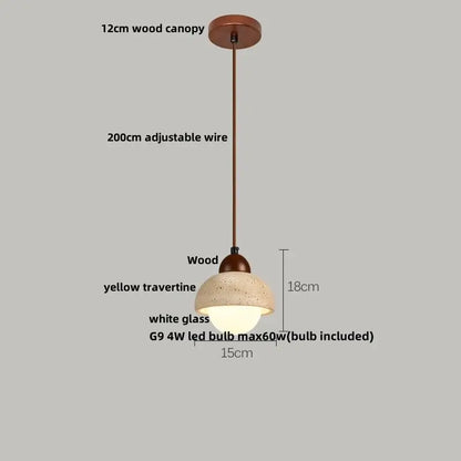 Decorbites led pendant lights featuring a yellow travertine shade with white glass and a 12cm wooden canopy