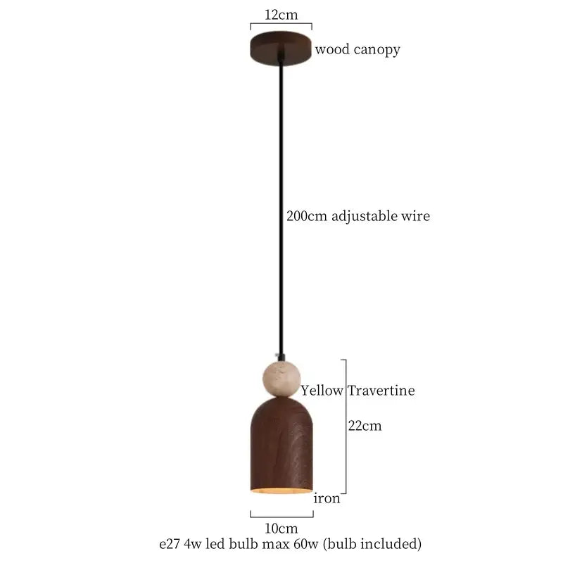 Brown iron decorbites led pendant light with yellow travertine accent and wooden canopy for vintage decor
