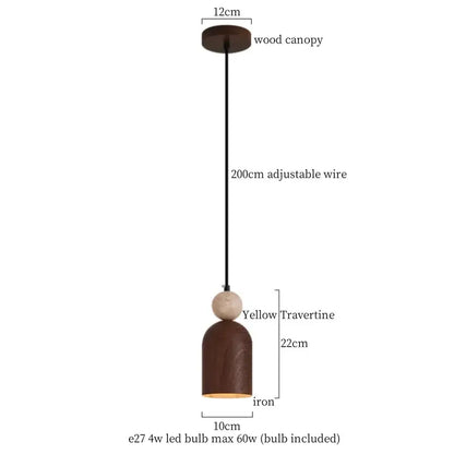Brown iron decorbites led pendant light with yellow travertine accent and wooden canopy for vintage decor