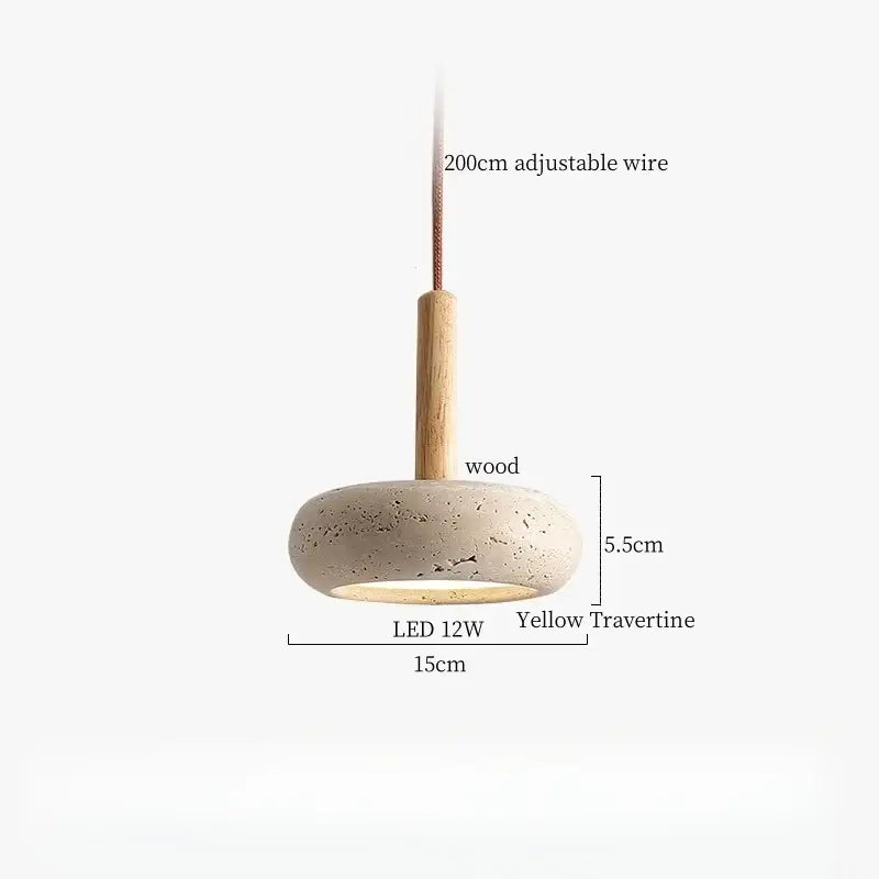 Minimalist decorbites led pendant light with circular yellow travertine shade suspended by wooden dowel and adjustable wire