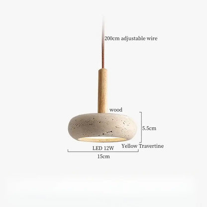 Minimalist decorbites led pendant light with circular yellow travertine shade suspended by wooden dowel and adjustable wire