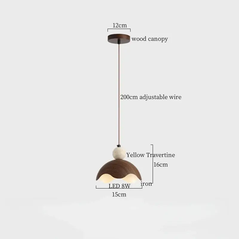 A warm-toned DecorBites LED pendant light with wooden canopy yellow travertine shade and adjustable iron wire