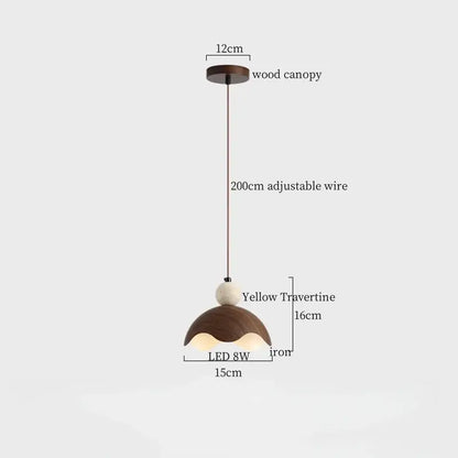 A warm-toned DecorBites LED pendant light with wooden canopy yellow travertine shade and adjustable iron wire